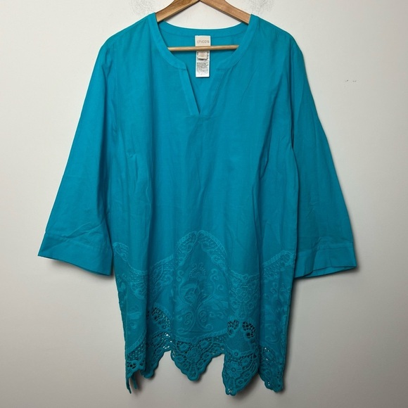 Chico's Turquoise Scalloped Embroidery Lace Cotton Tunic Top Classic Chic NEW - Picture 1 of 14